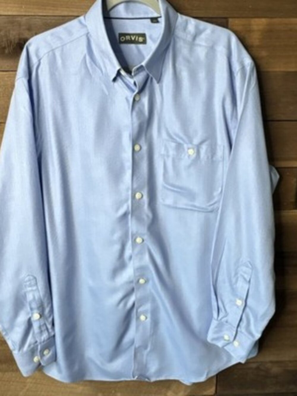 Orvis Men's L Blue Herringbone Button Down Long Sleeve Shirt Wrinkle Free Cotton